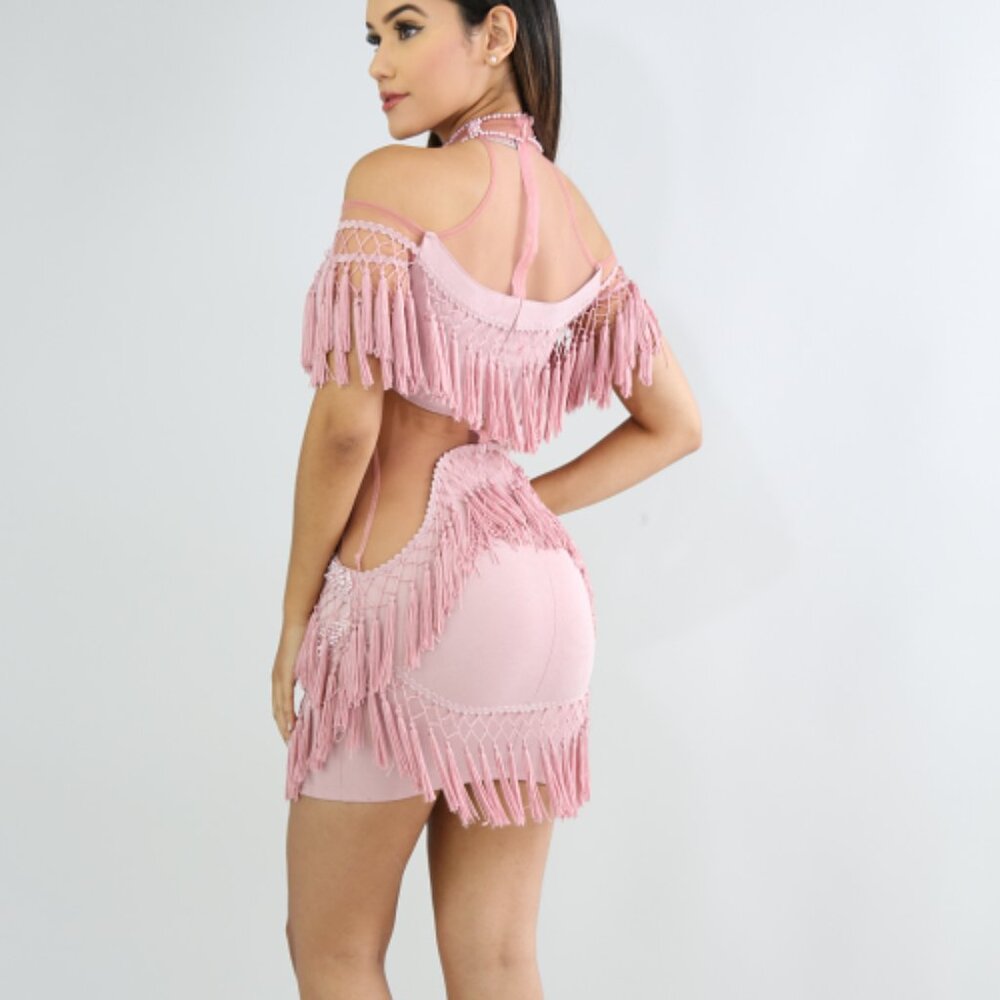 Pink Off the Shoulder Pearl Fringe Tassel Body-Con Halter Short Dress - Picture 3 of 10